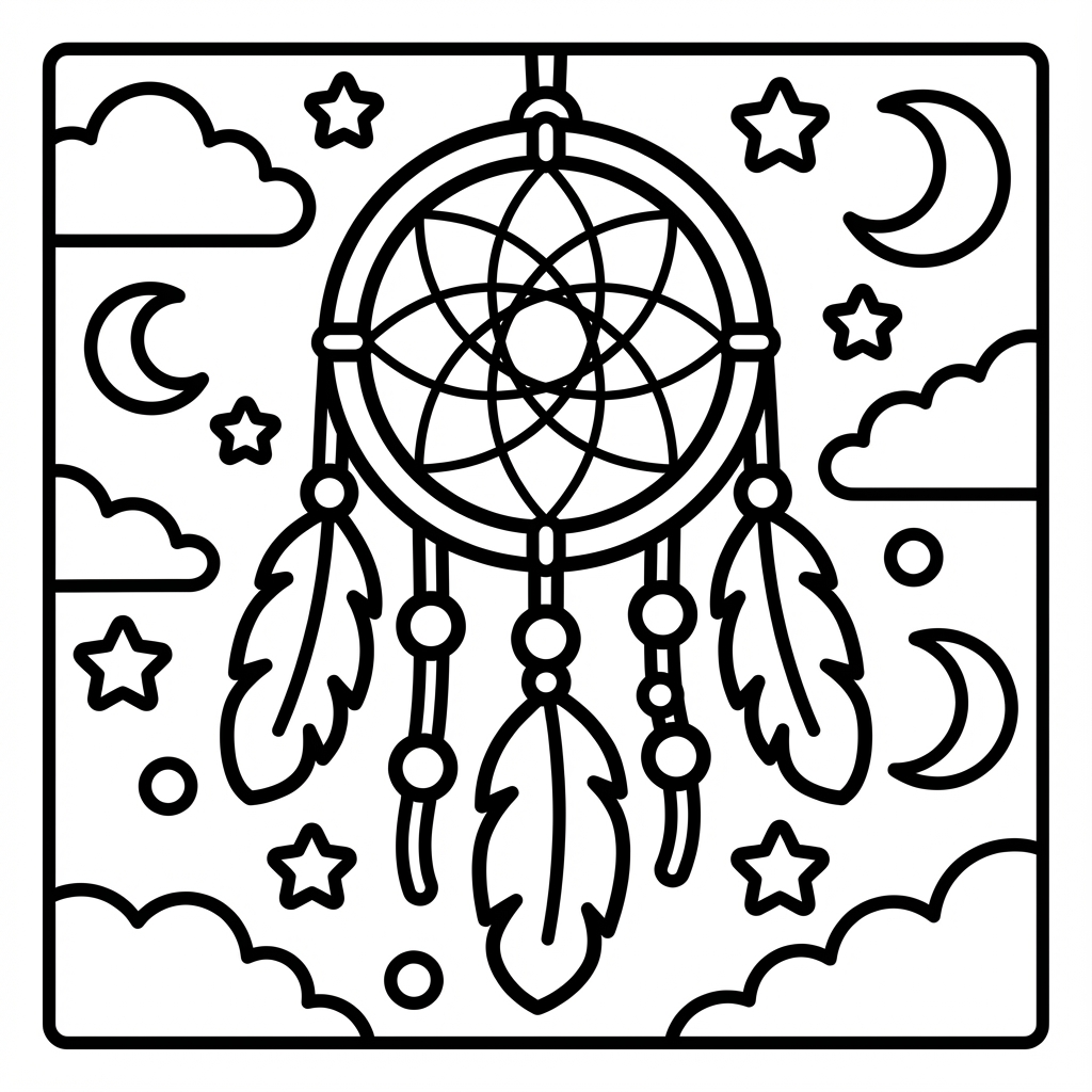 A beautiful dreamcatcher with feathers under the night sky, a perfect simple thick line art design.